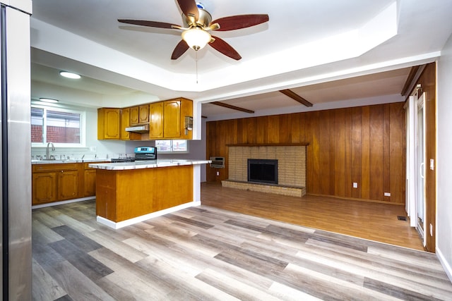 kitchen with black range, a raised ceiling, sink, and wooden walls