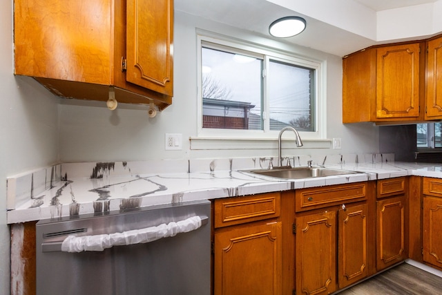 kitchen with sink, stainless steel dishwasher, and dark hardwood / wood-style floors