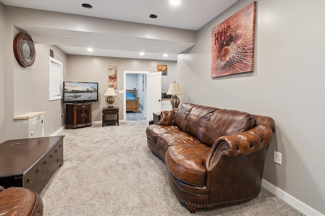 living room featuring light colored carpet