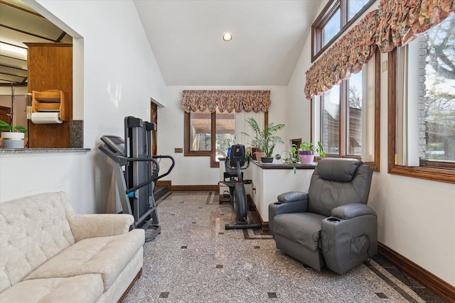 exercise room featuring vaulted ceiling