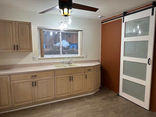 kitchen with hardwood / wood-style flooring, a barn door, sink, and light brown cabinetry