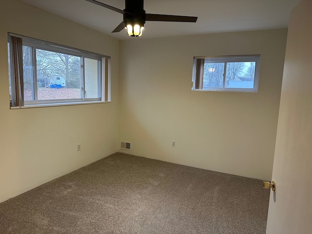 carpeted empty room with plenty of natural light and ceiling fan