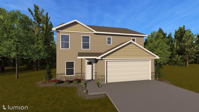 view of front facade featuring a front yard and a garage