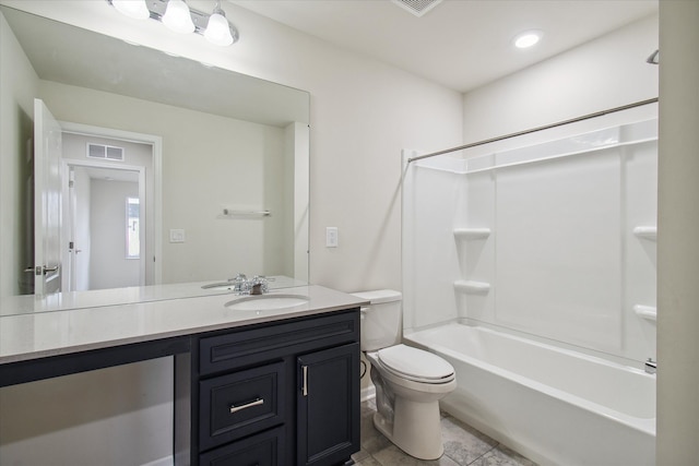 full bathroom with bathtub / shower combination, tile patterned floors, vanity, and toilet