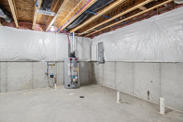 basement with electric panel and gas water heater