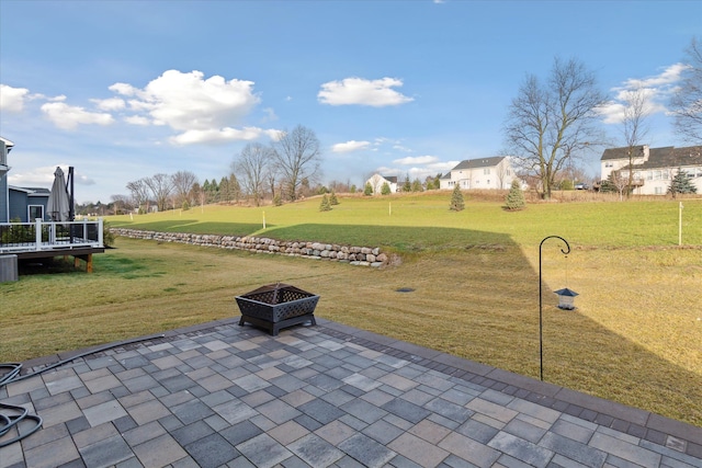 view of patio / terrace featuring an outdoor fire pit