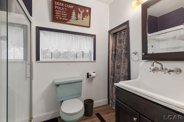 bathroom featuring a shower with curtain, hardwood / wood-style floors, vanity, and toilet