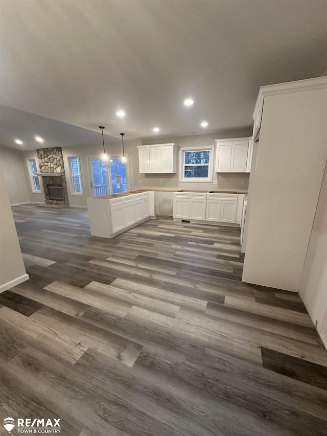 interior space featuring dark hardwood / wood-style flooring and a stone fireplace