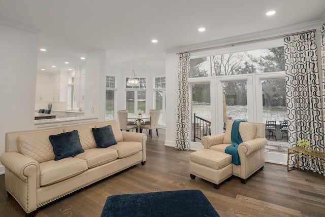 living room with dark hardwood / wood-style floors, ornamental molding, and a chandelier