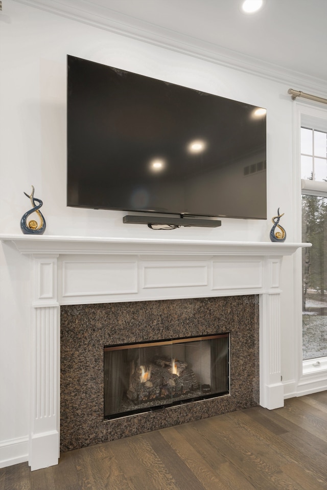 details featuring a high end fireplace, crown molding, and hardwood / wood-style floors