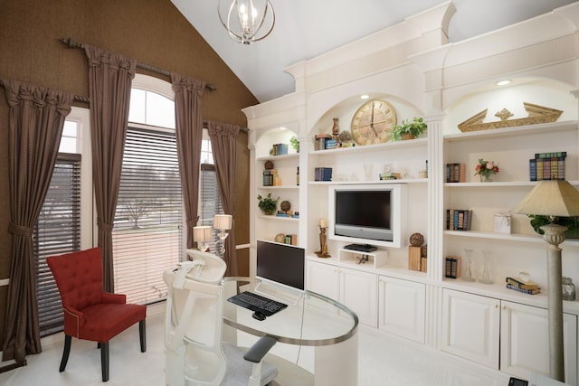 living room with lofted ceiling and an inviting chandelier