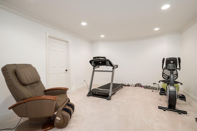 exercise area with light colored carpet and crown molding