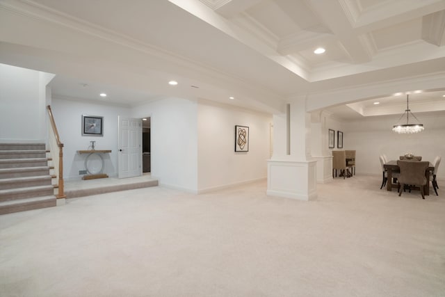 interior space with crown molding and light colored carpet