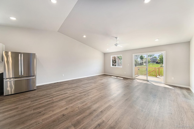 172 Woodland Way, Manchester, MI 48158 - unfurnished living room featuring ceiling fan, dark wood-style floors, recessed lighting, and vaulted ceiling