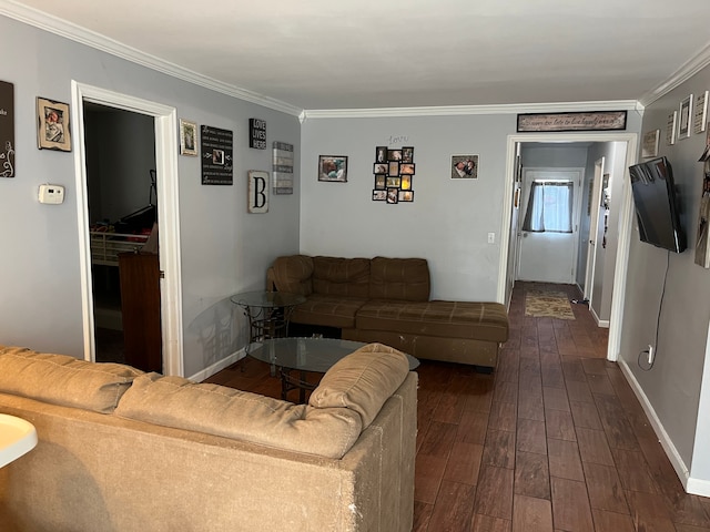 living room with dark hardwood / wood-style floors and crown molding