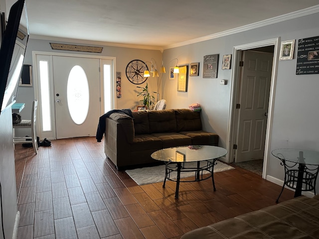 living room with crown molding and a healthy amount of sunlight