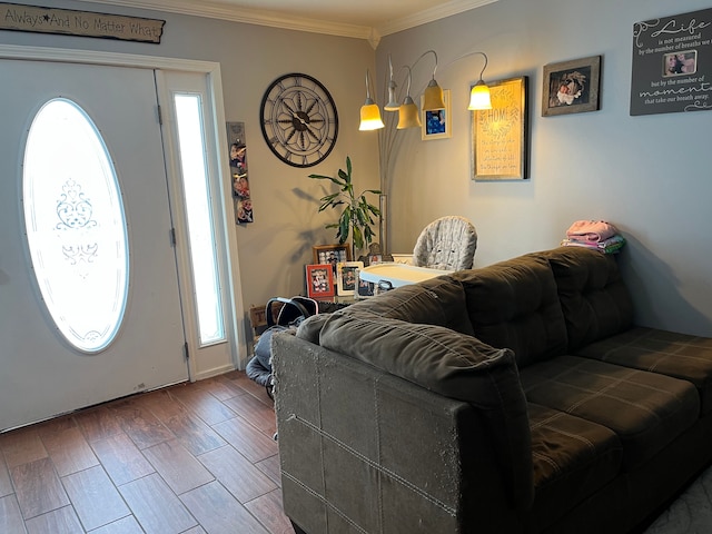 living room featuring crown molding