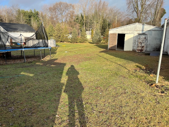 view of yard with a shed and a trampoline