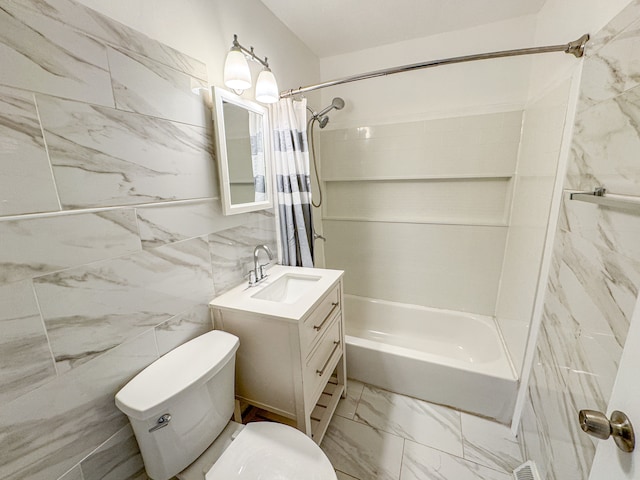 full bathroom featuring vanity, shower / bathtub combination with curtain, tile walls, and toilet