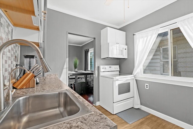 kitchen featuring white cabinetry, range with electric cooktop, sink, light wood-type flooring, and ornamental molding