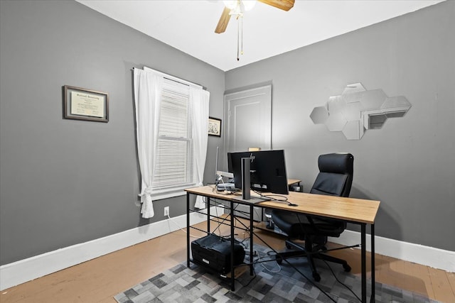 office area with hardwood / wood-style floors and ceiling fan