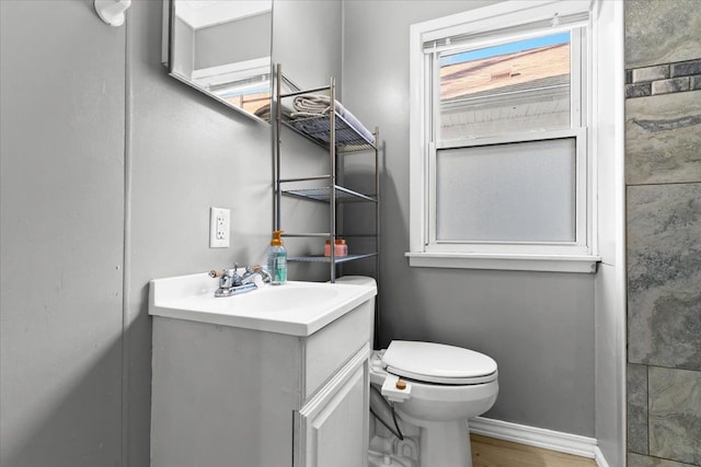 bathroom with hardwood / wood-style flooring, vanity, and toilet