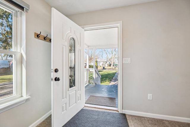 entryway with carpet floors and a wealth of natural light