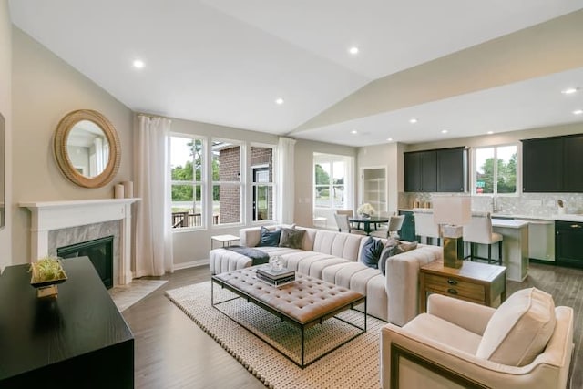 living room with lofted ceiling, a fireplace, and light hardwood / wood-style floors