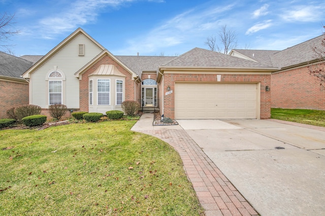 ranch-style house with a garage and a front yard