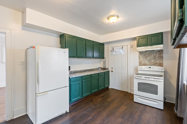 kitchen featuring green cabinets, dark hardwood / wood-style floors, and white appliances