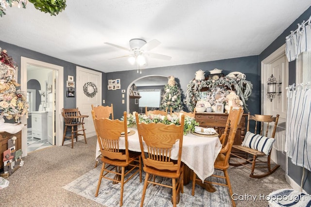 dining room featuring carpet floors, ceiling fan, and a textured ceiling