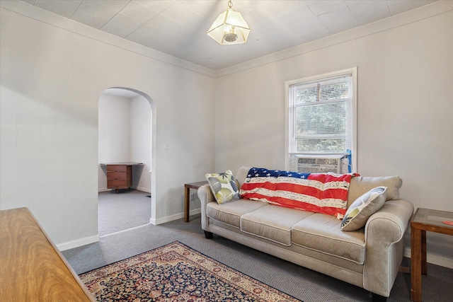 living room with carpet and crown molding