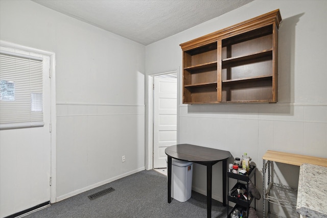 unfurnished office featuring dark colored carpet and a textured ceiling