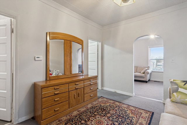 interior space with carpet flooring and crown molding