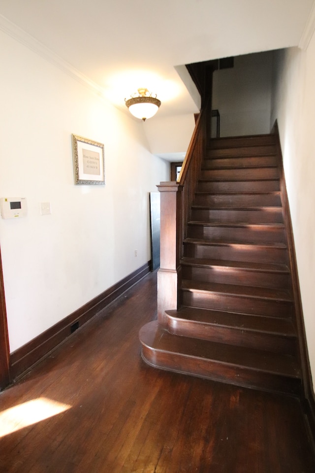 stairs featuring crown molding and wood-type flooring