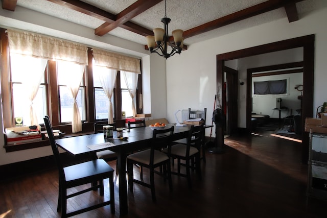 dining room featuring coffered ceiling, a textured ceiling, beamed ceiling, dark hardwood / wood-style flooring, and a chandelier