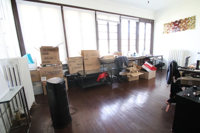 miscellaneous room with radiator heating unit, ornamental molding, and dark wood-type flooring