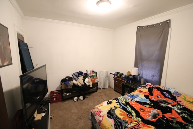 bedroom with light carpet, radiator, and crown molding