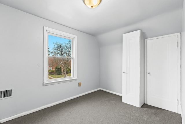 additional living space with dark colored carpet and lofted ceiling