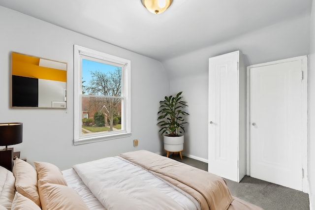 carpeted bedroom featuring lofted ceiling