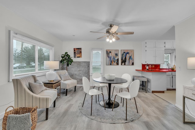 dining room with ceiling fan and light hardwood / wood-style flooring