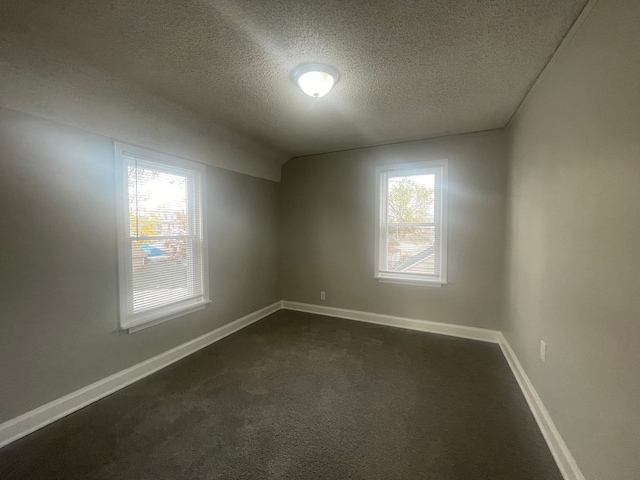 empty room with lofted ceiling and a textured ceiling