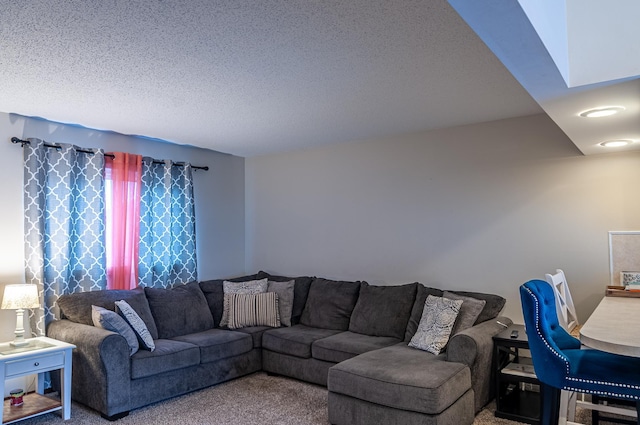 carpeted living room with a textured ceiling