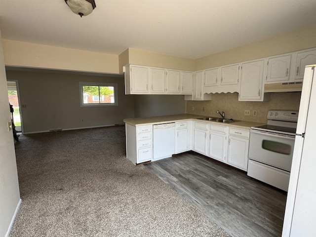 381 Kleiner St, Frankenmuth, MI 48734 - kitchen featuring white appliances, a sink, under cabinet range hood, and white cabinetry