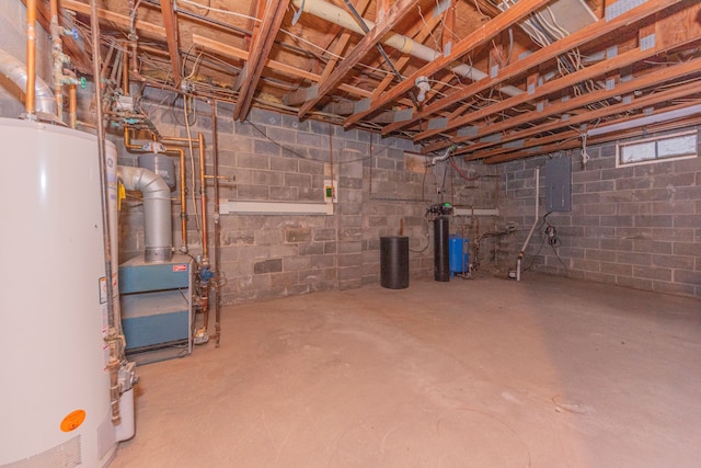 basement with gas water heater and electric panel