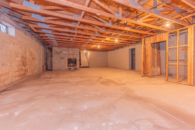 basement featuring a fireplace