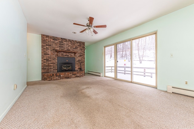 unfurnished living room featuring ceiling fan, light carpet, and a baseboard heating unit