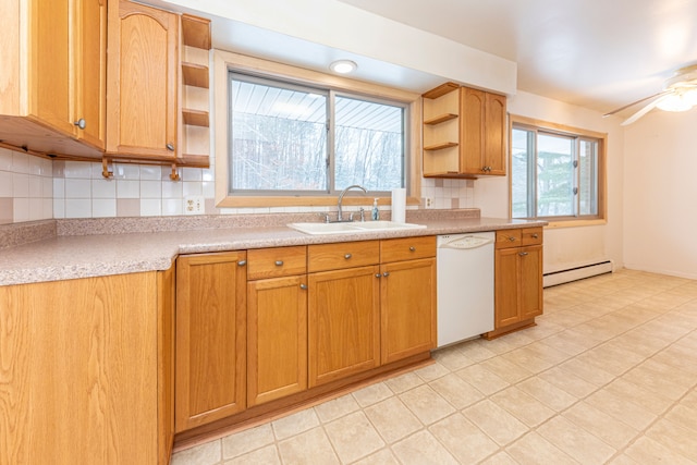 kitchen featuring dishwasher, tasteful backsplash, sink, and a baseboard heating unit