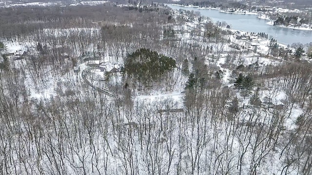 snowy aerial view with a water view