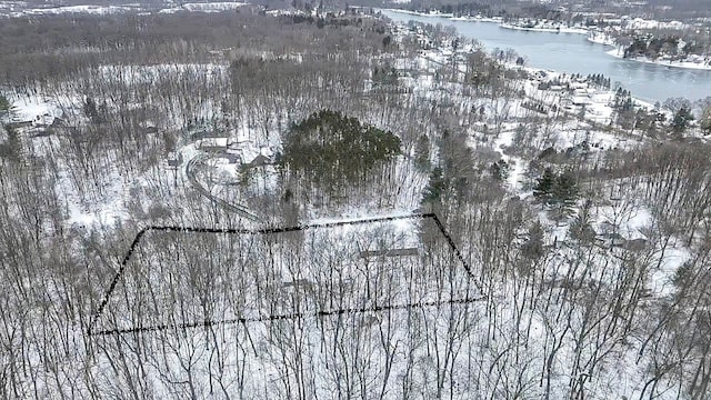 snowy aerial view featuring a water view